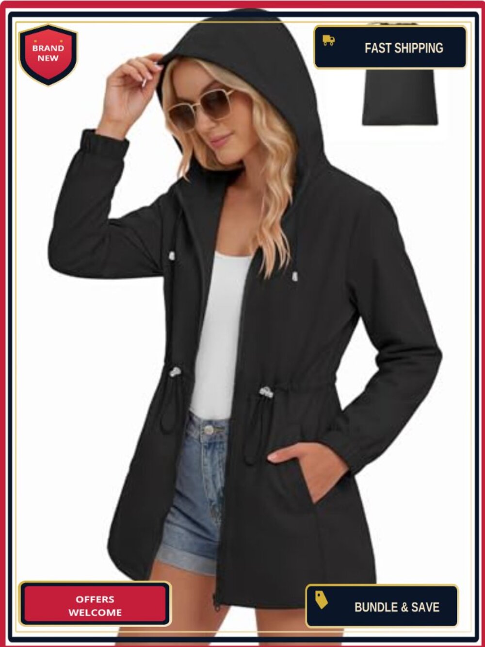 Women's Packable Lightweight Rain Jacket Waterproof Hooded Zip Coat